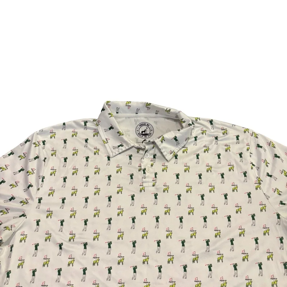 Proud 90 Mens XL Golf‎ Is Fun Performance Polo Shirt White Golfer Dog Print